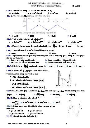 Đề thi thử Học kỳ I môn Toán Lớp 12 - Lần 1 - Năm học 2021-2022 (Có đáp án)